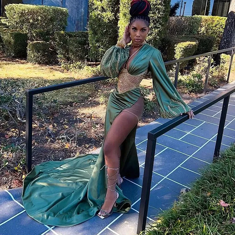 Green Aso Ebi Prom Dresses V Neck Long Sleeves Beaded Side Slit Evening Dress Black Girls Birthday Gown Nigeria Robe De Soiree