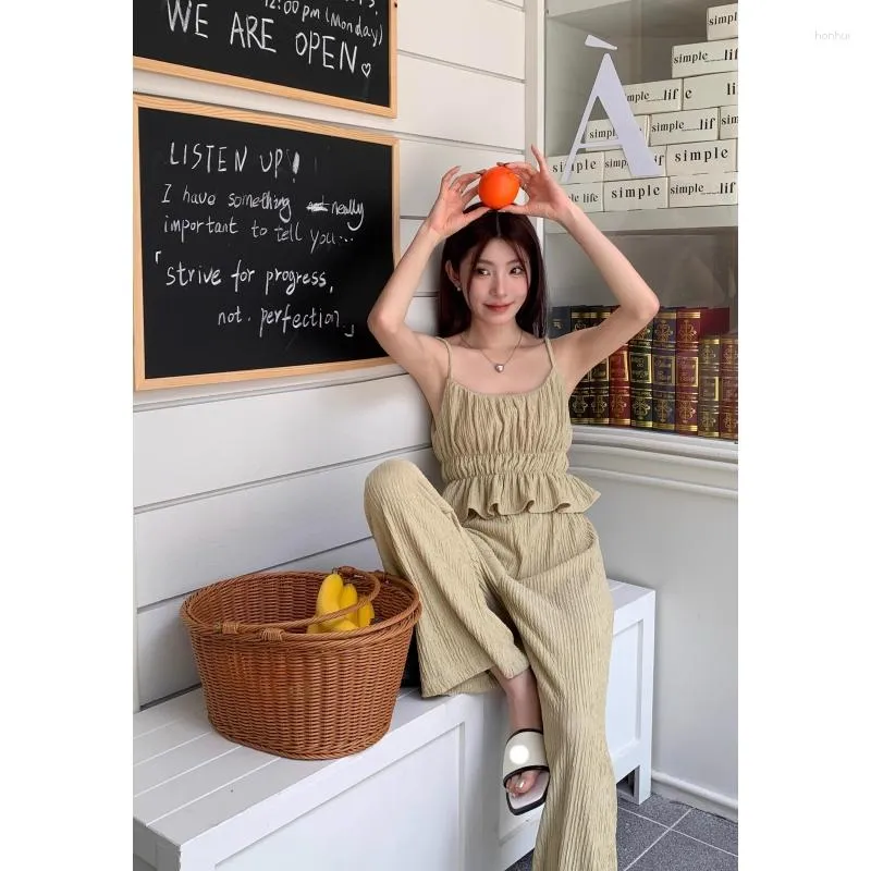 Women's Two Piece Pants Women Khaki Casual Vest Sleeveless Vintage Y2K Simple Fashion Straight Wide Leg Female 2023 Summer Solid Trouser