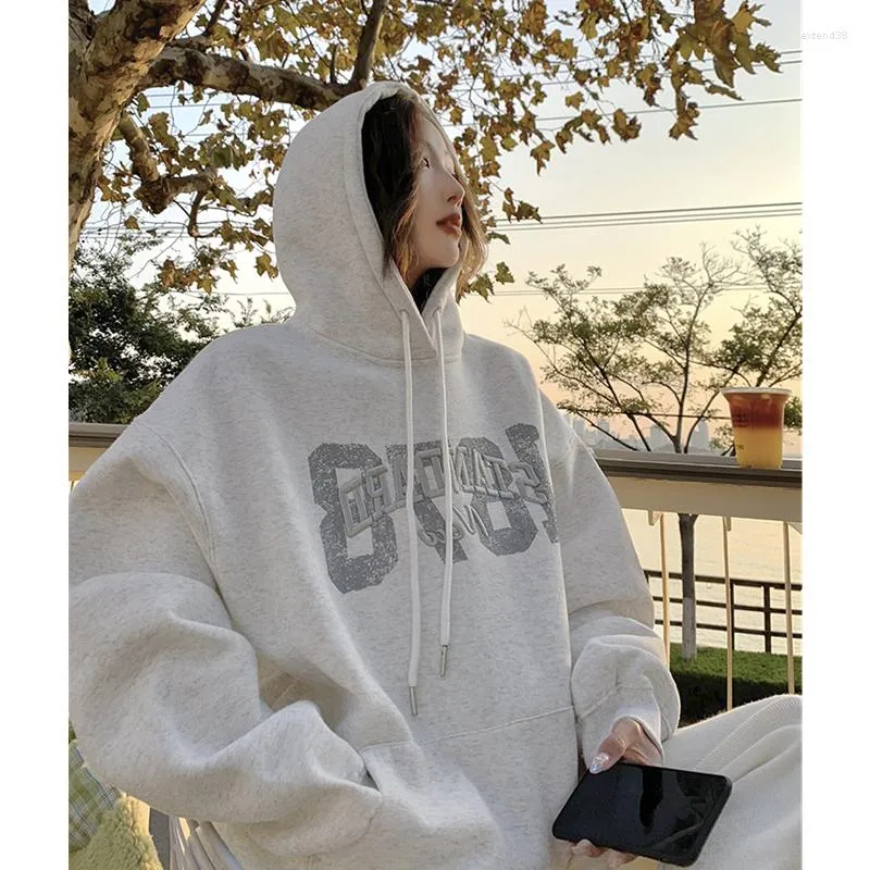 Kadın Hoodies Giyim Hafif Gri Kapüşonlu Mektup Nakış Çizme Sweatshirt Kore Moda Kış Toplar Külot