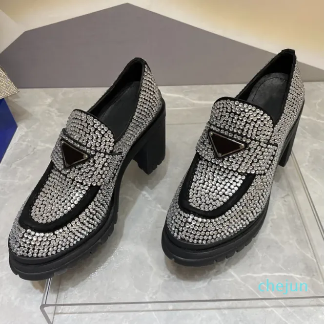 Rhinestone Dress Shoes for Womens Pumpar Luxury Designer Crystal Classic Triangle Buckle Ladies Loafers Chunky Heel High