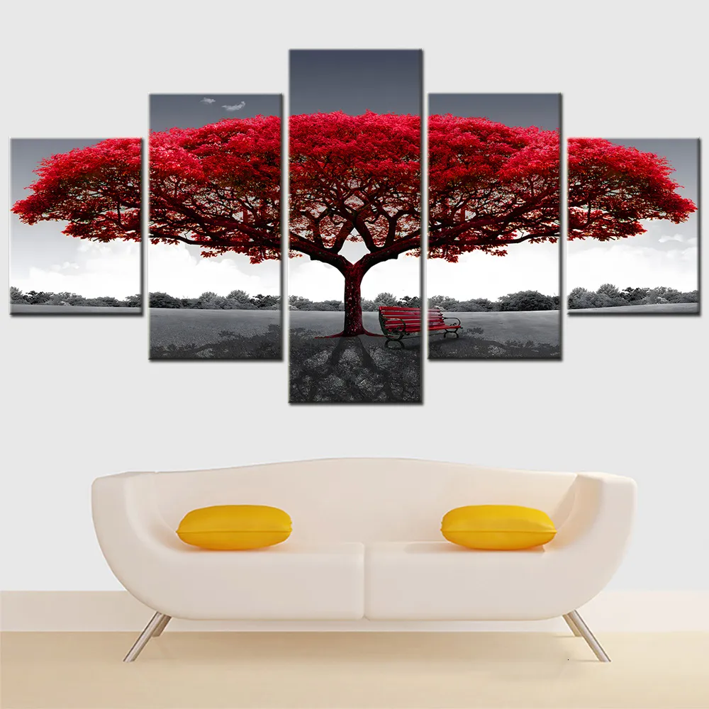 Peintures Nature 5 pièces toile art décoration murale peinture abstraite arbre rouge coucher de soleil photo modulaire décoration de la maison affiche impression po cadre 230823