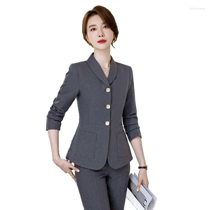 Damen zweisteuelhafte Hosen elegant schwarz graublau Frauen Blazer und Hose Anzug Ladies Business Work tragen formelle Jacke Hose Frau Herbst 2