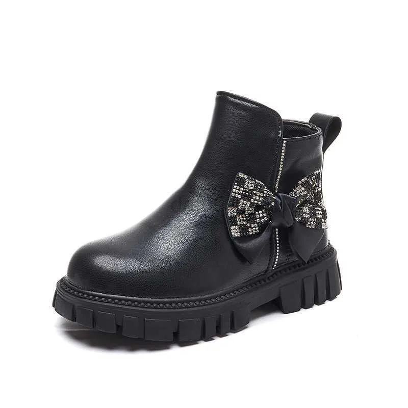 Botas Estilo de Inglaterra Todo fósforo Zapatos negros para niños Botas de tobillo para niñas Moda Otoño Botas con nudo de mariposa a cuadros para niñas F07263 L0824