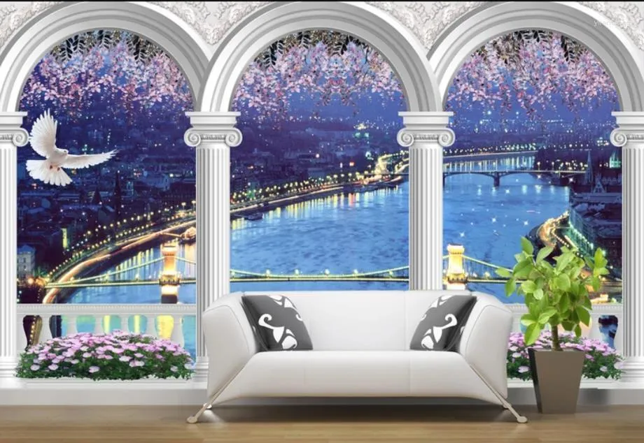 Hintergrundbilder Custom 3D Tapeten Nacht Blick auf modernes Wohnzimmer Schlafzimmer Wandgemälde stereoskopische Hintergrund Wand Hausverbesserung