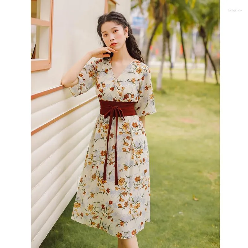 Ethnic Clothing 2023 Summer Hanfu Women's Dress Traditional Chinese Characteristic Improved Fashion V-Neck Waist Floral Printed Fresh