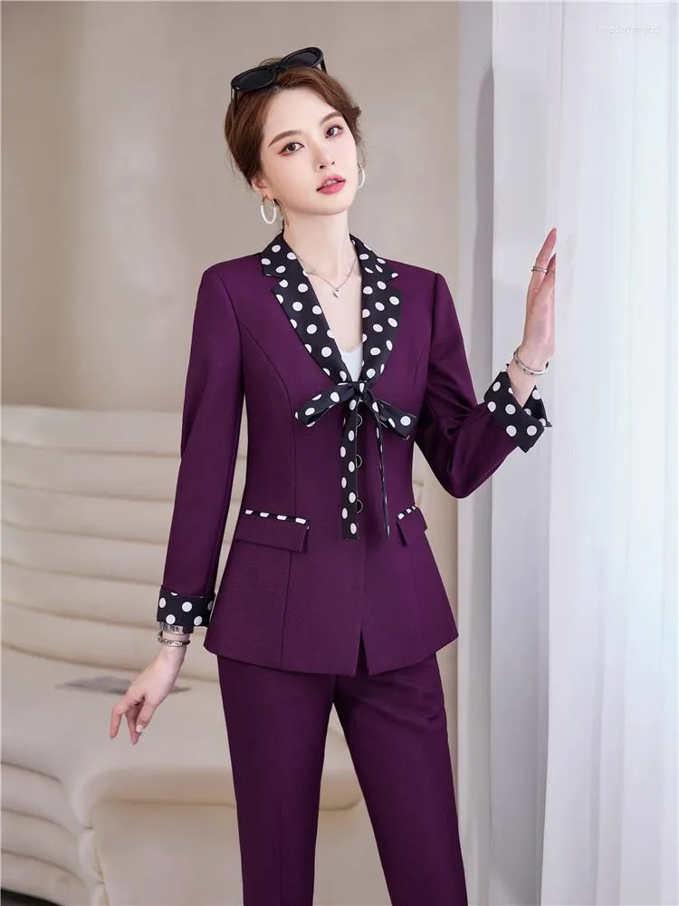 Conjunto de calças de duas peças femininas blazer e terninho 2 peças chique elegante cachecol gola roupas de escritório roxo feminino calças topos ternos