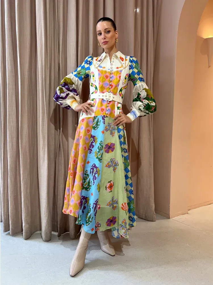 Colorful Print A-line midi vacation dress with Belts and Lantern Sleeves for Women - Single Breasted Lapel, Perfect for Holidays and Seaside Swing - Colorful Print A-line midi vacation dress with Belts and Lantern Sleeves for Women - Single Breasted Lapel, Perfect for Holidays and Seaside Swing -