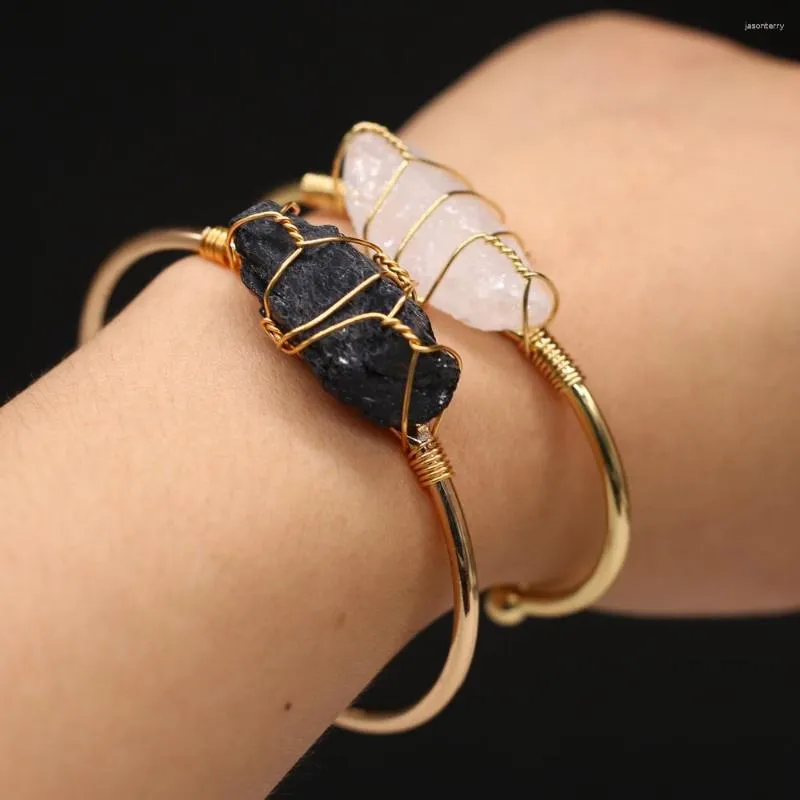 Bangle 6PCS Wholesale Natural Semi-precious Stones Open Black White Crystal Bud Bracelet DIY Fashion Jewelry Gift