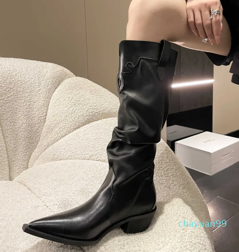 2023 Autumn/Winter New Fashion Simple Pointed Western Denim Boots Pleated Stacked Boots British Martin Boots