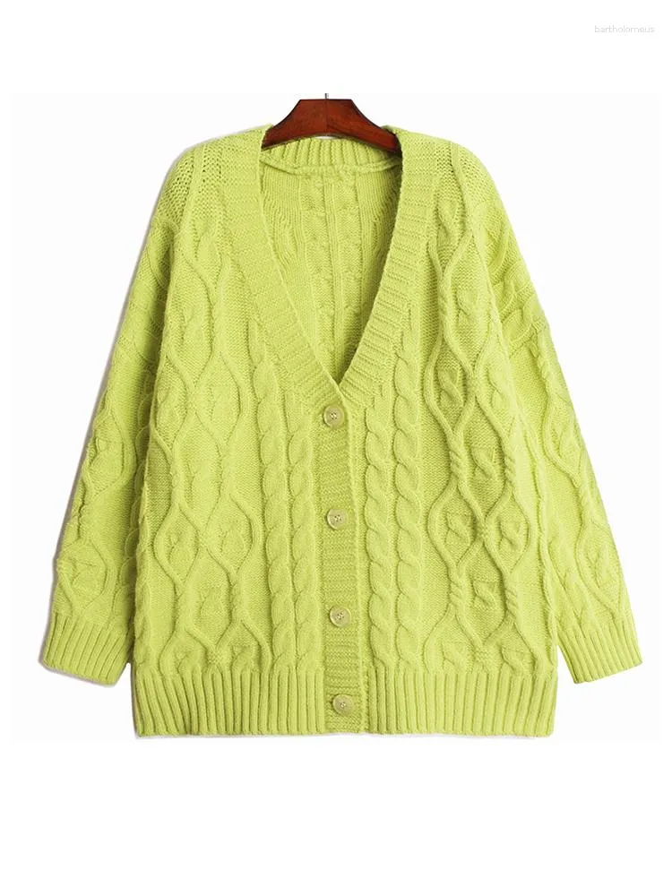 Kvinnors stickor Grön tjock stor storlek Knitting Cardigan tröja Löst fit V-ringning Långärmad kvinnor Fashion Autumn Winter 2023 U782