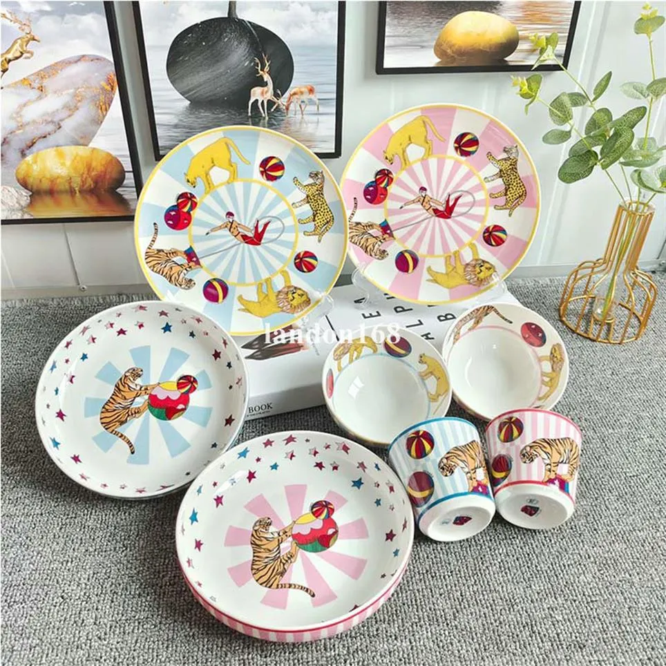 Kids Ceramic Dinnerware Set Cute Cartoon Animal Plates, Bowls, Cups  Saucers, Children's Circus Style Tableware, Safe Fun Dining