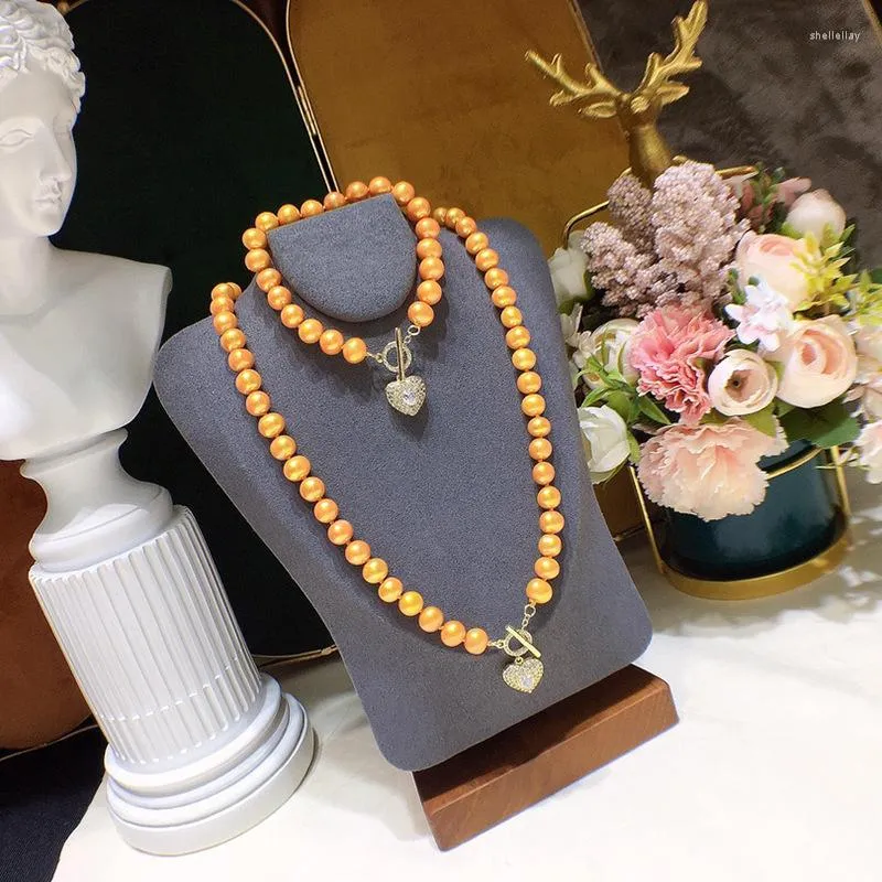 HABITOO – ensemble de collier et boucles d'oreilles en perles d'eau douce jaunes, magnifique, naturel, 9-10mm, bijoux en forme de cœur, fermoir en Zircon cubique, cadeau pour femmes