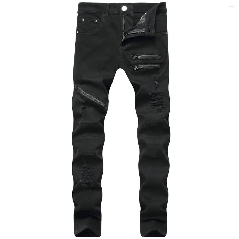 Jeans déchirés pour hommes, crayon à la mode, couleur unie, taille haute, pantalon déchiré, fermeture éclair, Design ajusté pour hommes