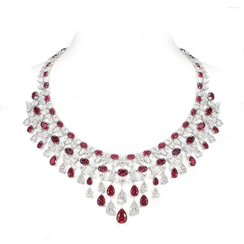 Chaînes 925 Sterling Argent Luxe Élégant Waterdrop Synthétique Ruby Diamant Pierres Précieuses Colliers Bijoux De Fête De Mariage Pour Les Femmes