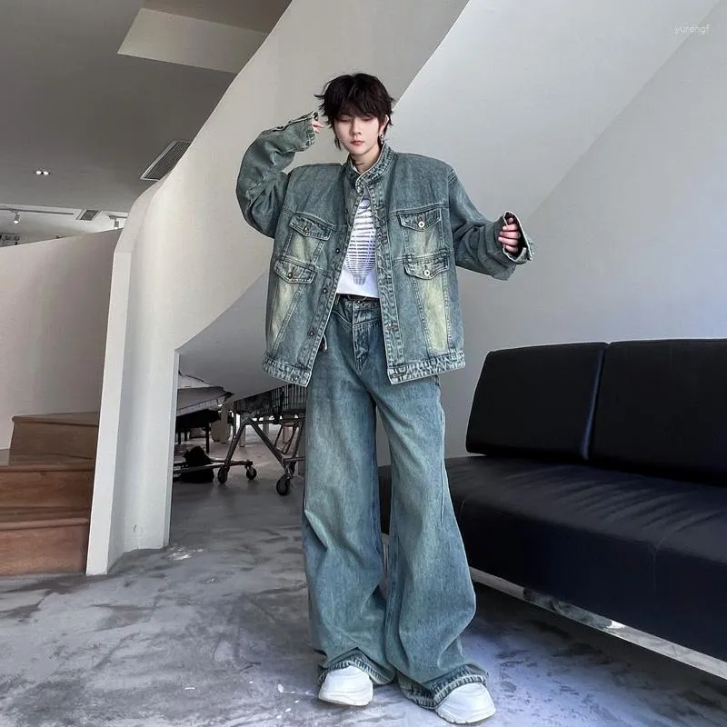 Herrspårssuits Syuhgfa Menwear Two Piece Denim Jacka Baggy Jean 2023 Autumn Streetwear Korean Style Fashion Clothing Vintage Loose Set