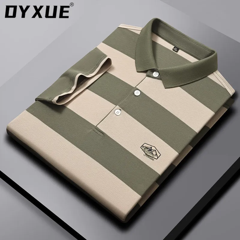 Мужские рубашки-поло DYXUE, повседневная рубашка-поло с короткими рукавами и лацканами, мягкие летние модные крутые полосатые топы с вышивкой высокого качества, футболки 230823
