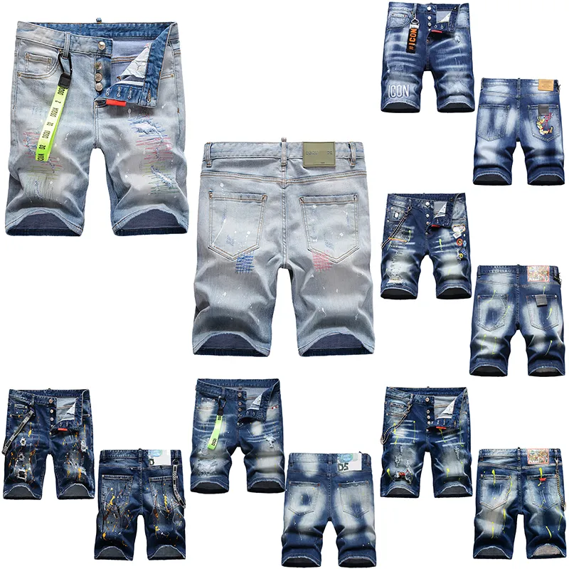 Dsq2 män jeans shorts hip hop rock moto mens design rippade nödställd denim cyklist dsq sommarblå cool killen jeans kort