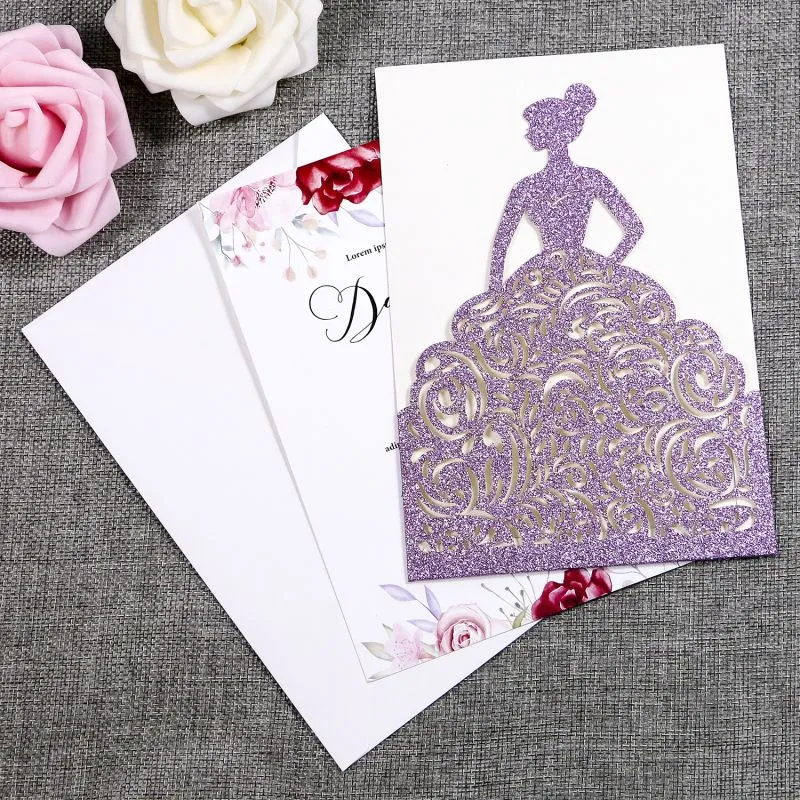 Gorgeous Laser Cut Light Purple Glitter Pretty Princess Invitations Cards For Birthday Cards Sweet Quinceanera Sweet 16th Engagement Invites