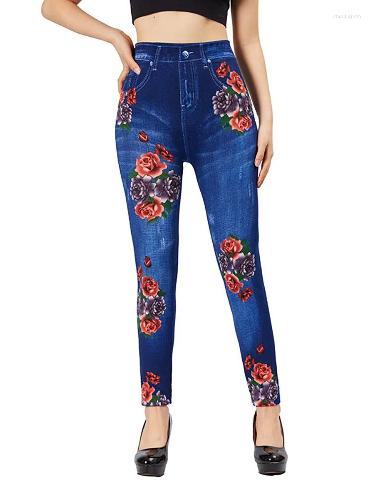 Womens Leggings CUHAKCI Women Rose Print Elastic Blue Jeggings Fake Pocket  Casual Workout Yoga Slim Fit Faux Denim Female Pencil Pants From 10,57 €