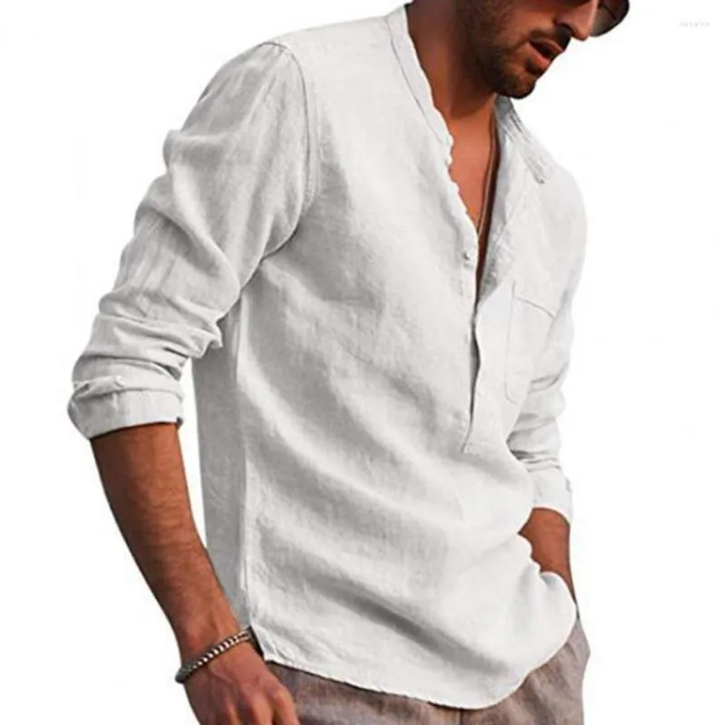 Camicie casual maschile maschile top stand-up camicia sciolta in fita a v-scootta a manica lunga sottile