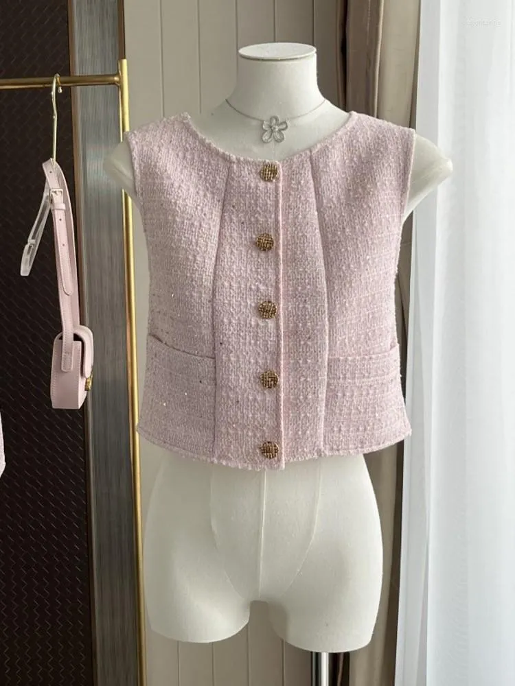 Gilets pour femmes de haute qualité français élégant doux rose tweed gilet débardeur pour femmes sans manches de luxe all-match recadrée femme marque top