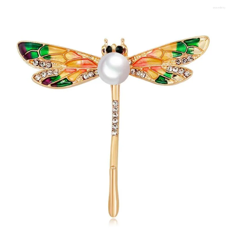 Broszki 100pcs hurtowa emalia Dragonfly Gold Splated Crystal Acryl -Rhrystone Animal Brooch