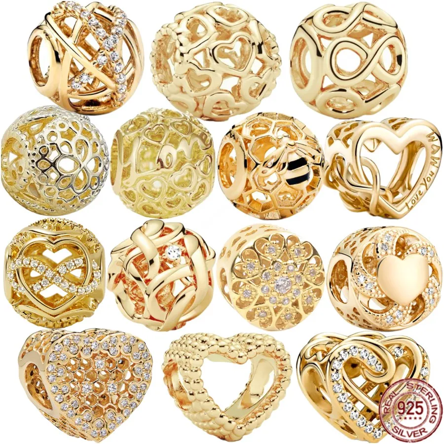 S925 Sterling Silber Gold Serie Charme Perlen Fit Originalarmband mit Herzausschnitt Design DIY Schmuck Pandora Heiß Verkaufsgeschenk kostenlos Versand