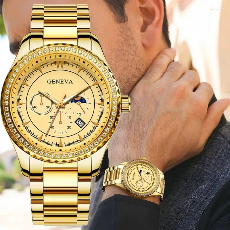 Principais relógios de pulso Top luxuoso quartzo masculino Relógio Precision Steel Band Trendy Diamond Incorporação Decoração Três Olhos Calendário