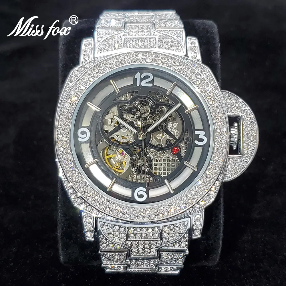 Bandas de reloj mecánico para hombres de gama alta de acero de plata hueco reloj automático de lujo diamante hip hop relojes impermeables gota 230824