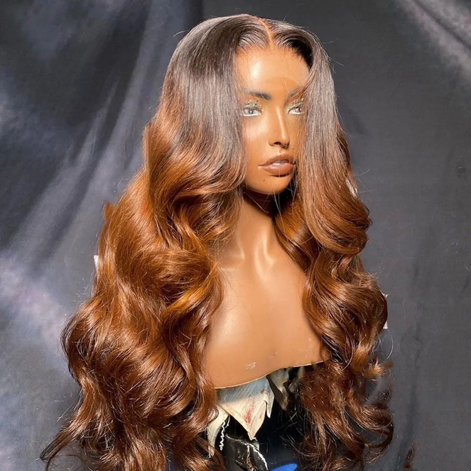 Perruque Lace Front Wig 360 naturelle brésilienne, cheveux humains, brun ombré, à reflets, 13x4, transparente Hd, pour femmes noires