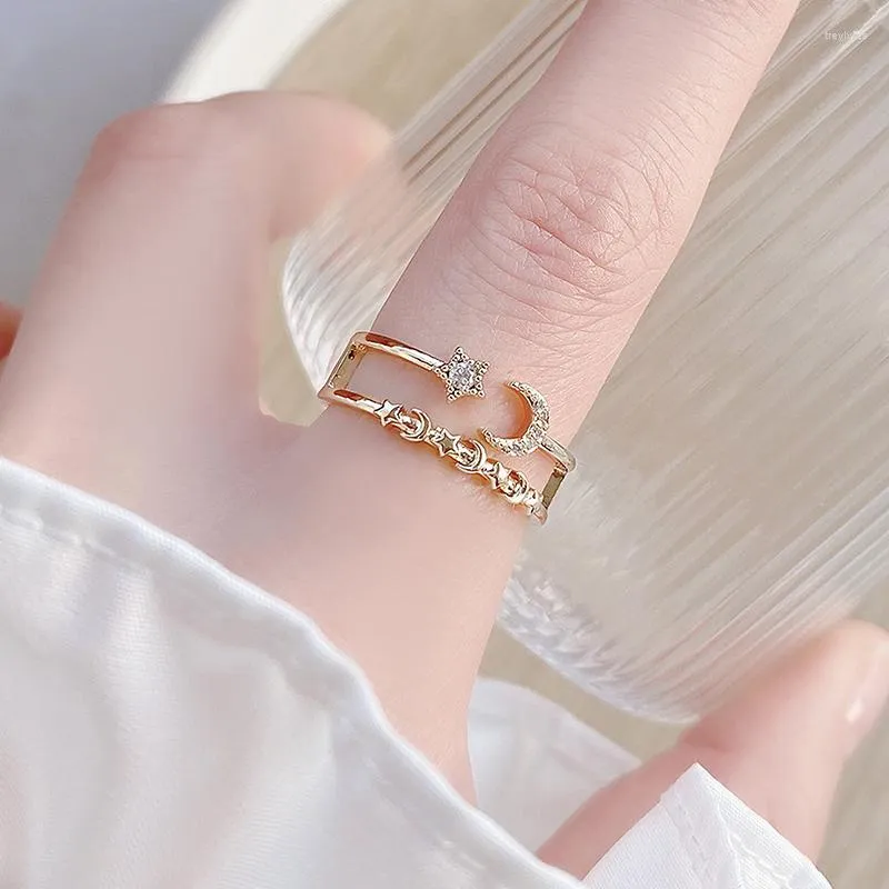 Klaster Pierścienie luksusowe delikatne 14k złota gwiazda gwiazda księżyca otwarty pierścionek dla kobiet cyrkon bijoux zaręczynowy palec świąteczny prezent biżuterii