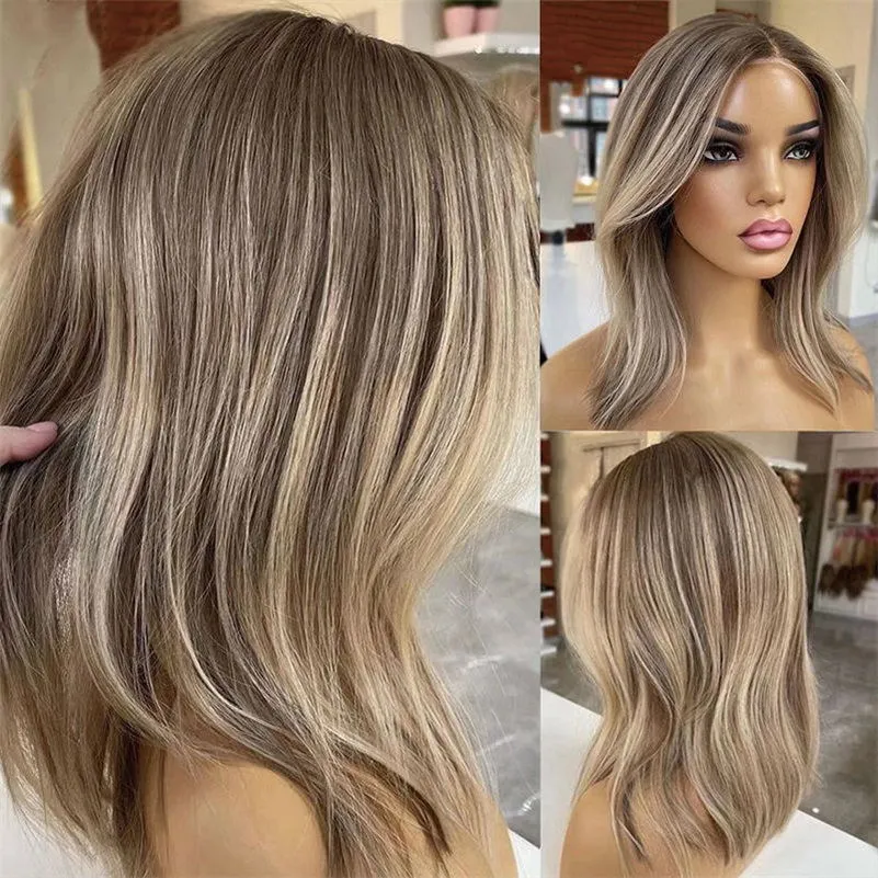 220%density Blonde Lace Front Wig Highlights Humain Hair HD 13x6 Lace Frontal Wig Dark Roots Short Cheap Natural Wave Wig