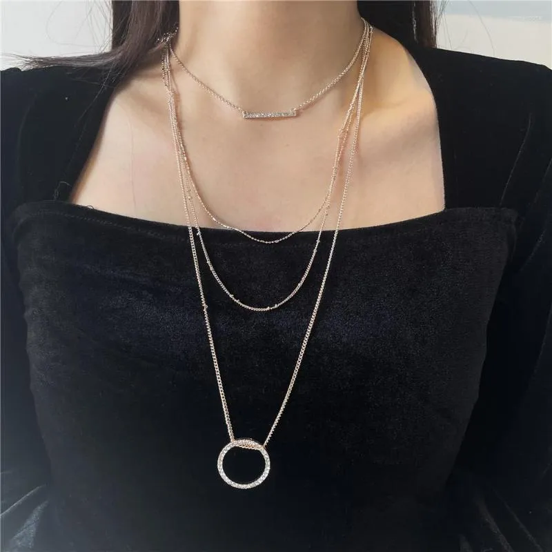 Pendant Necklaces Gold Color Fashion Statement Multilayer Necklace Multi- Metal Crystal Circles Round Chokers Women Jewelry