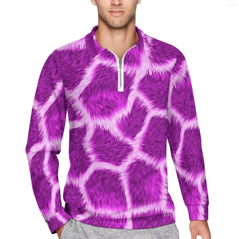 Men's Polos Fuchsia Giraffe Print Polo Shirt Man Animal Casual Spring Stylish Collar Long Sleeve Graphic Oversized T-Shirts