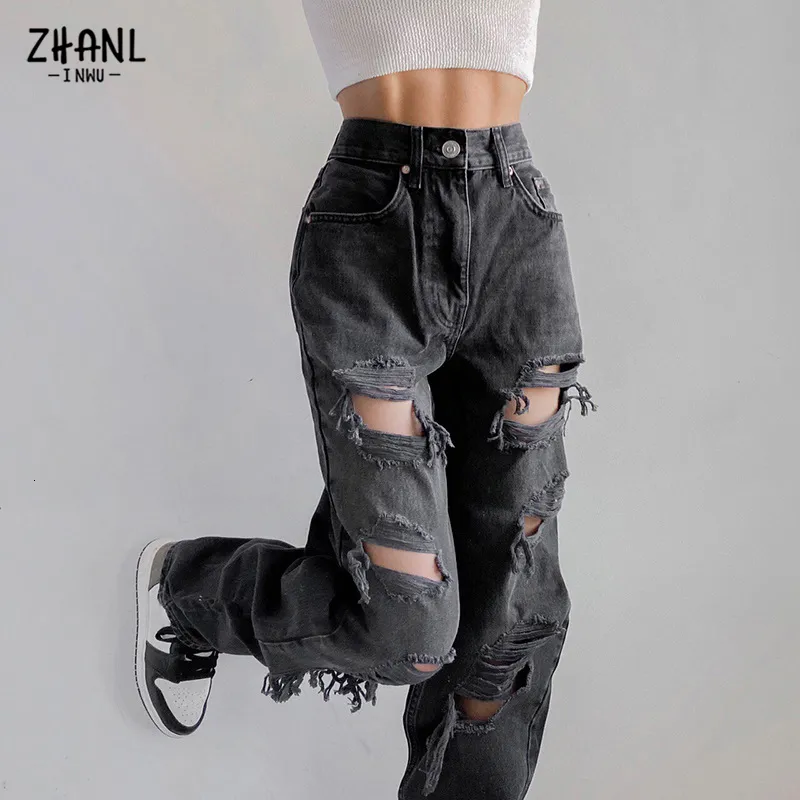 Jean noir 2025 taille haute troué