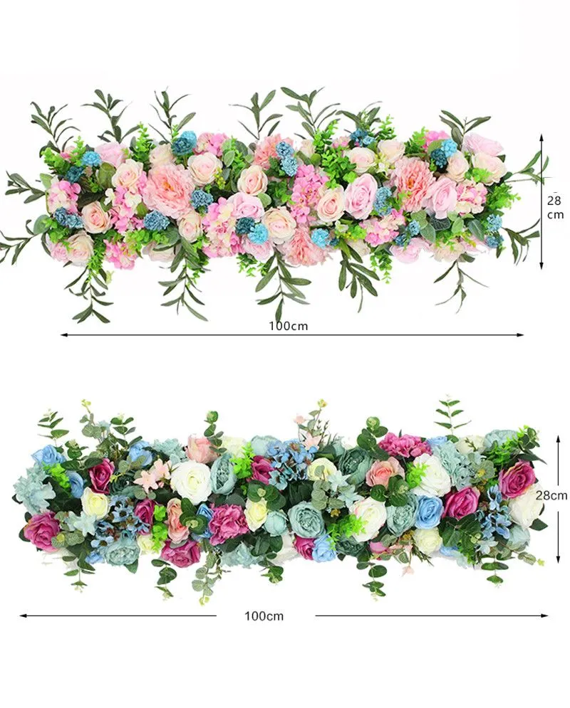 100X28cm Long Artificial Arch Flower Row Table Flower Silk Flower with Foam Frame Runner Centerpiece Wedding Decorative Backdrop