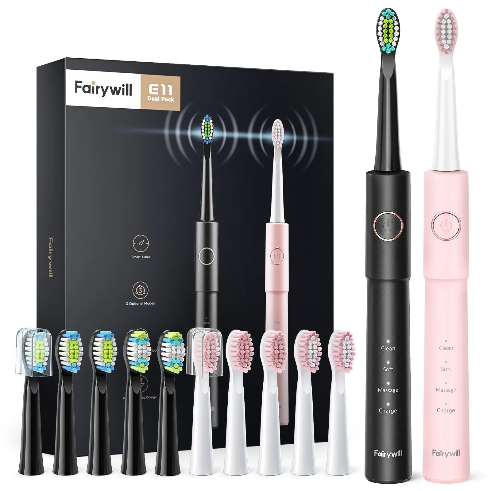 Зубная щетка Fairywill Sonic Electric Toothbrush E11 Водонепроницаемая USB-зарядка с 8 сменными насадками Черный и розовый набор для пары 230824