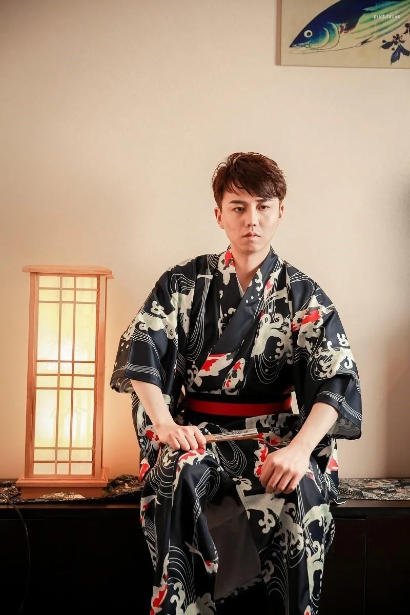 Etniska kläder japanska traditionella unga man yukata med obitage satin kimono badrock klänning vintage performace tryck klänning onesalet