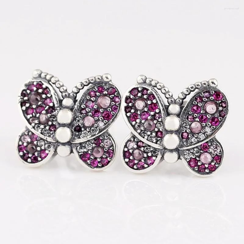 Orecchini per borchie Purple Zirconi farfalla con orecchini in cristallo per donne autentiche S925 Sterling Silver Jewelry Lady Girl Birthday Regalo