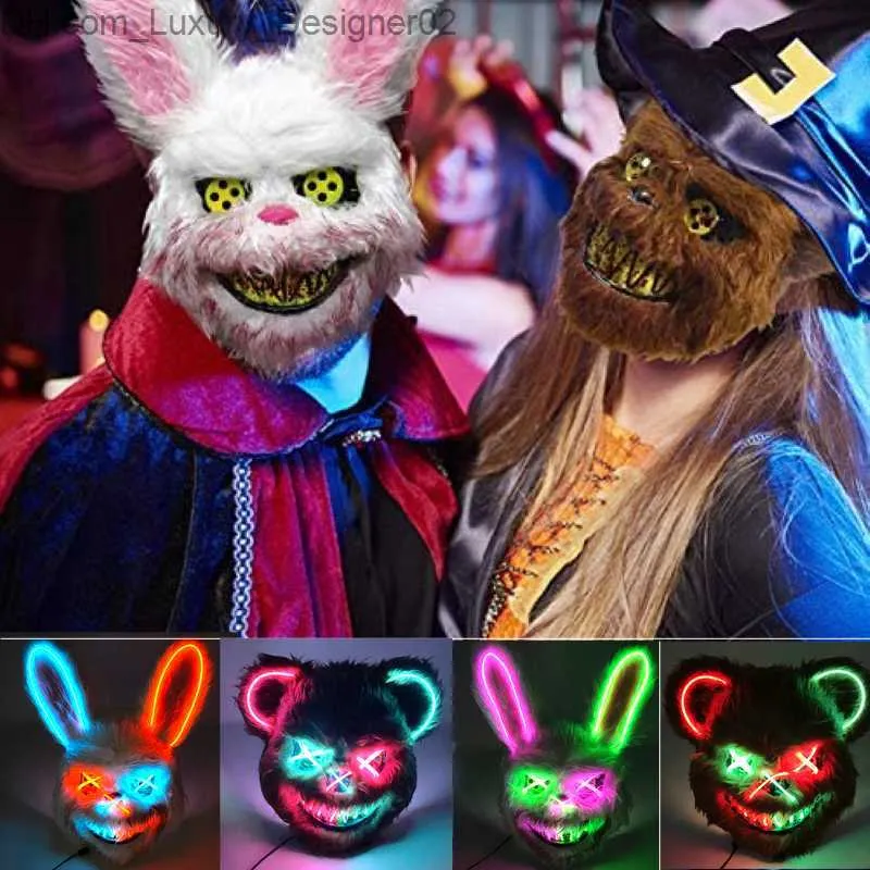 Hot LED Glowing Cosplay Bunny Bear Maschera per il viso Spaventoso Bloody Killer Maschera Neon Horror Maschera di coniglio Halloween Masque Party Supplies Q230824