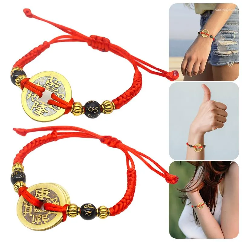 Chinese Copper Coin Link Bracelets Set Lucky Red String To Bytes