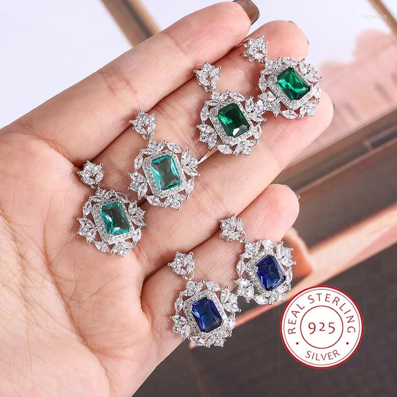 Stud Earrings Beautiful 925 Sterling Silver For Women Stylish Green Blue Zircon Sparkle Jewelry Women's Party