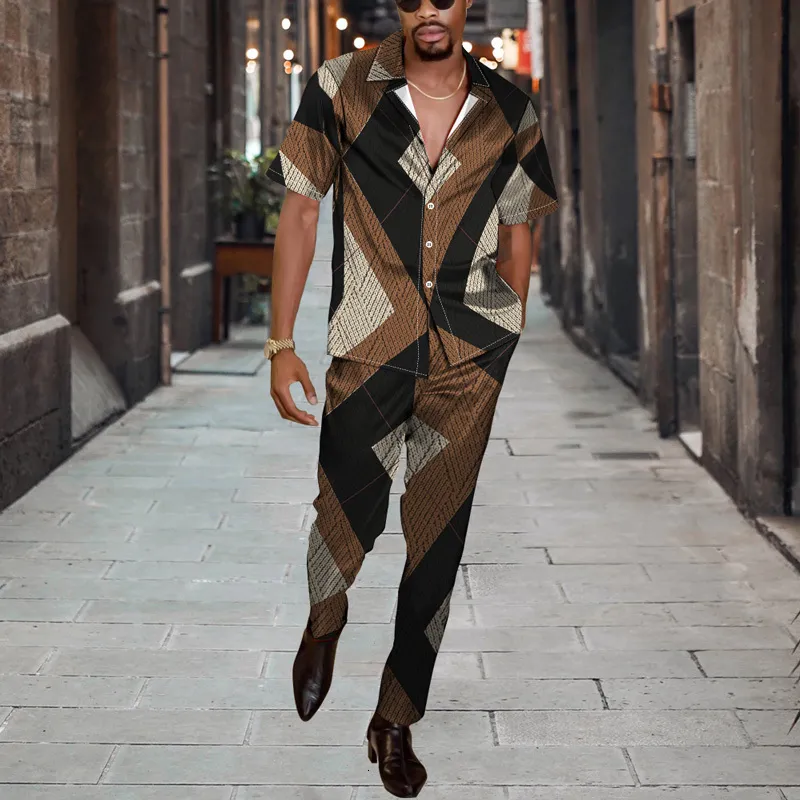 Survêtements pour hommes Summer Street Casual Chemise à manches courtes Cardigan Bouton Top Pantalon d'automne Impression 3D Motif irrégulier Chic Tenue quotidienne 230823