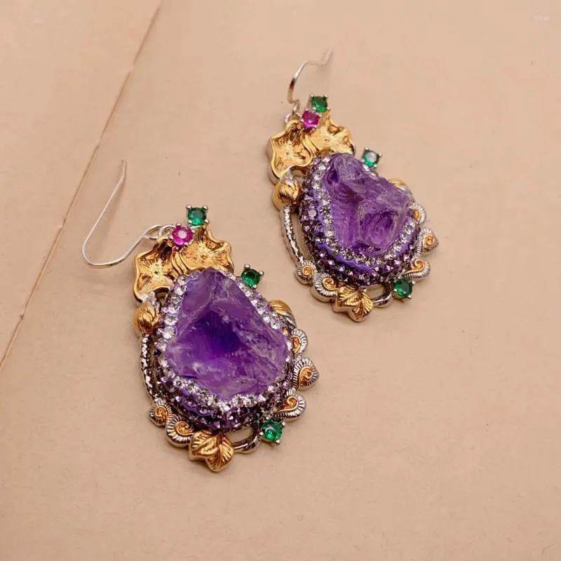 Boucles d'oreilles pendantes KKGEM24x34mm, améthyste violette naturelle, pavé de cristaux bruts, crochet, boucles d'oreilles, bijoux de fête
