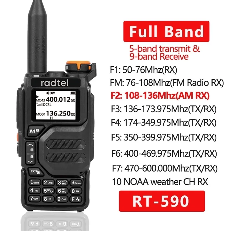 Walkie Talkie Radtel RT 590 Air Band Air Ham Ham Two Way Radio Station UHF VHF 200CH Full HT مع NOAA Channel AM Satcom 230823