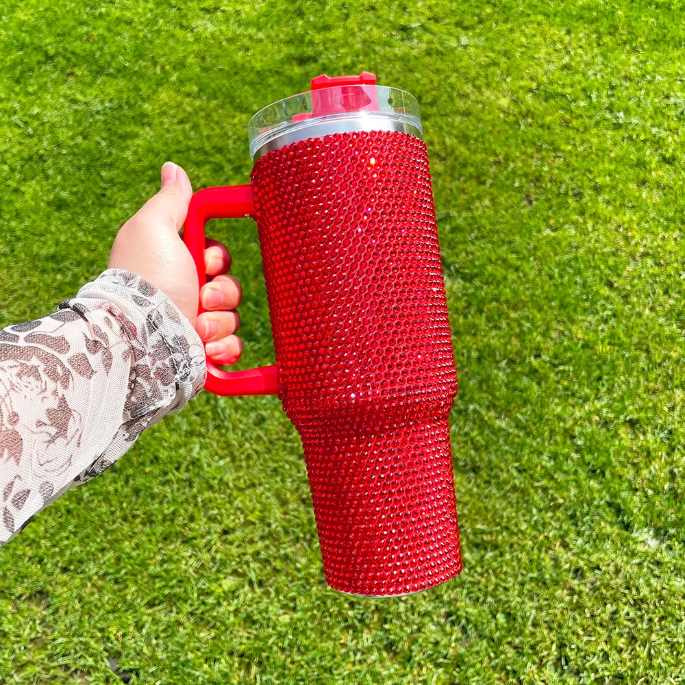 whosa vacuum insulated doub wall Stainss Steel Multicolour rhinestone bling studded 40oz bling tumbr with hand lid and straw outdoor camping cup