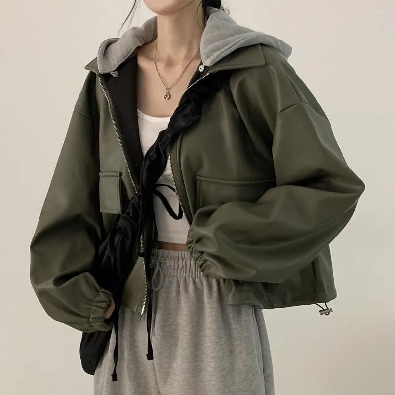 Женские куртки 3Colors Осень 2023 Корейский стиль с длинным рукавом из искусственного бомбардировщика винтажные штучки с коротки