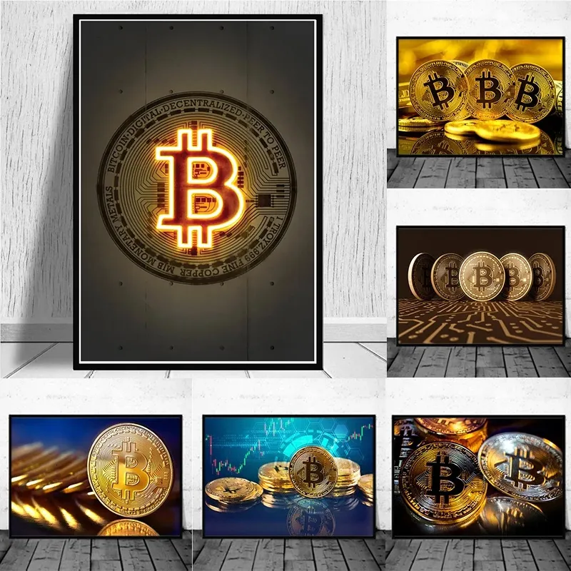 Schilderijen zwart en gouden bitcoin posters ANFD prints inspirerend geld canvas schilderen muurkunst foto's voor woonkamer cuadros decor 230823