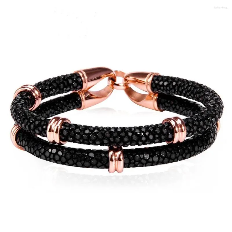 Charm Bracelets Men Brand Genuine Leather Stingray Bracelet Navy Black 5mm Round Multilayer