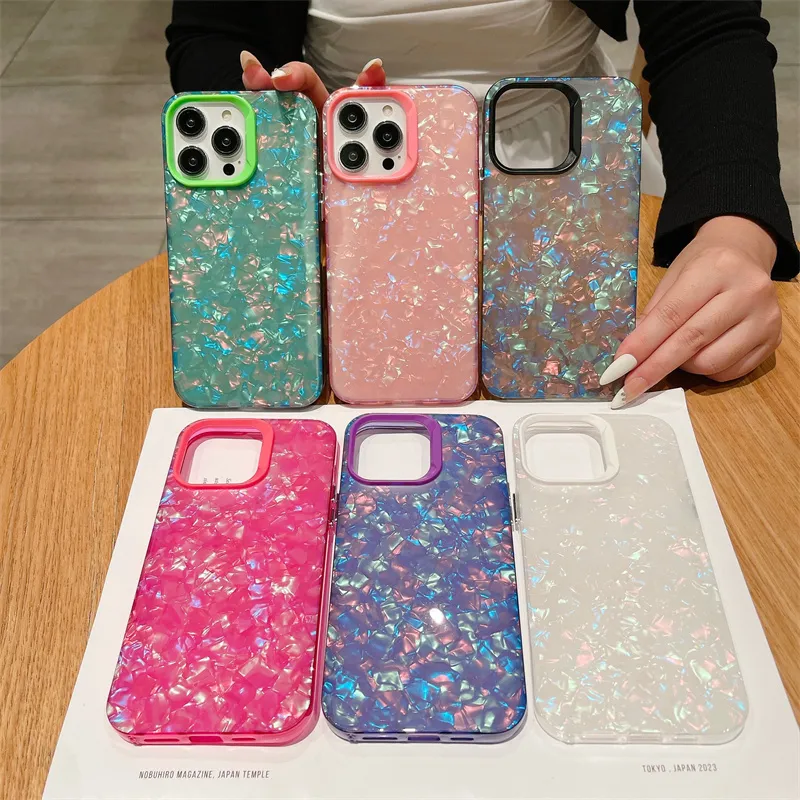 iPhone 14 Pro 11Pro 12 Pro 13 Pro XS Max X Acrylic Double Protective Phone Case 용 Bling Sea Shell Pattern